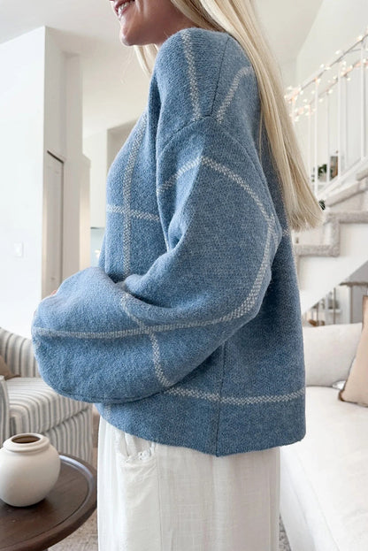Dusk Blue Classic Plaid Drop Shoulder Loose Sweater