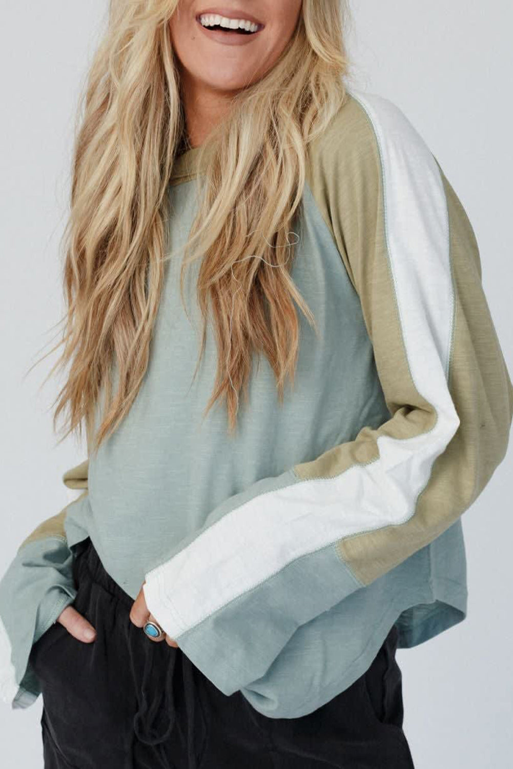 Moonlight Jade Color Block Stitched Raglan Sleeve Loose Top
