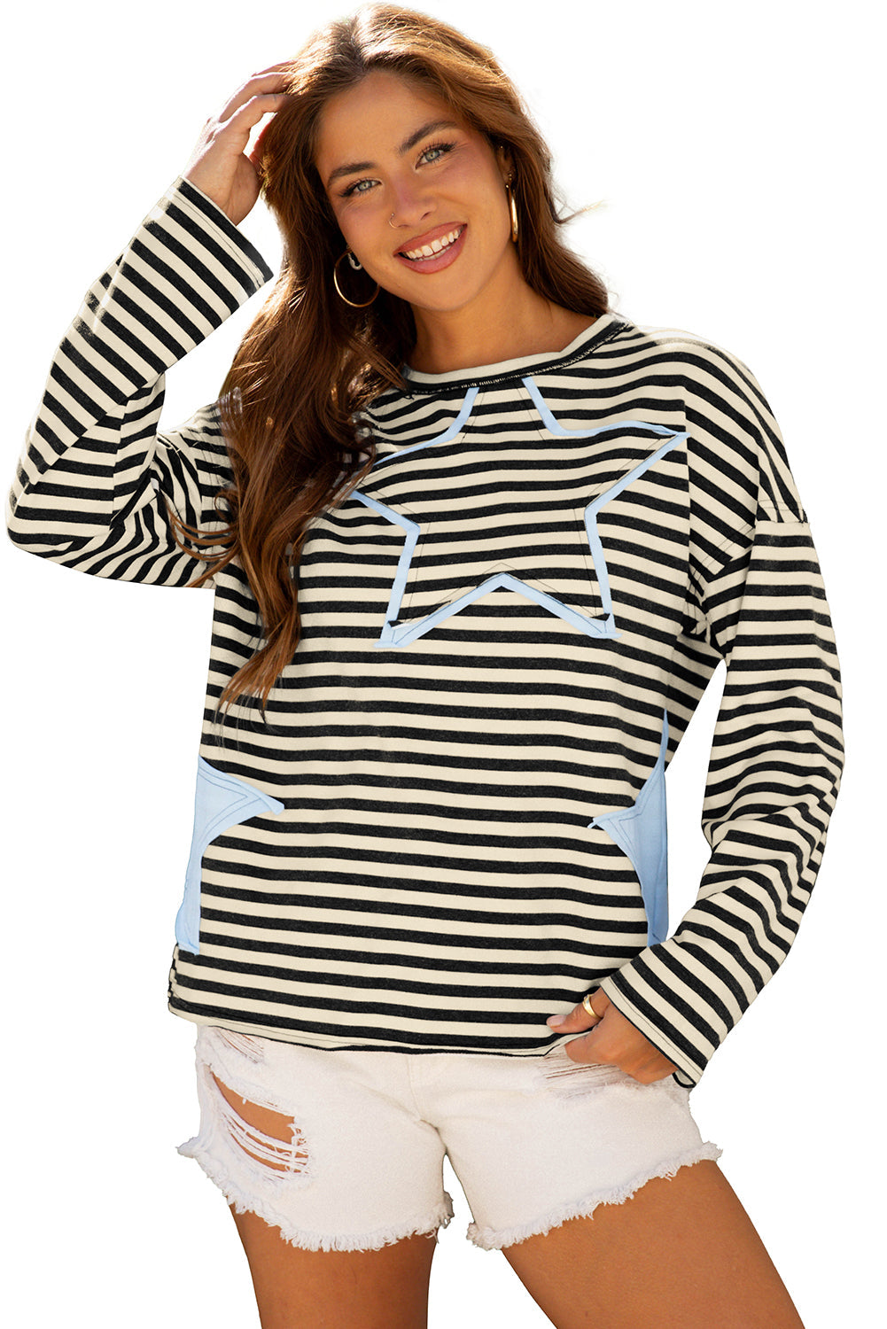 Black Stripe Starry Patch Drop Shoulder Raw Edge Casual Knit Top
