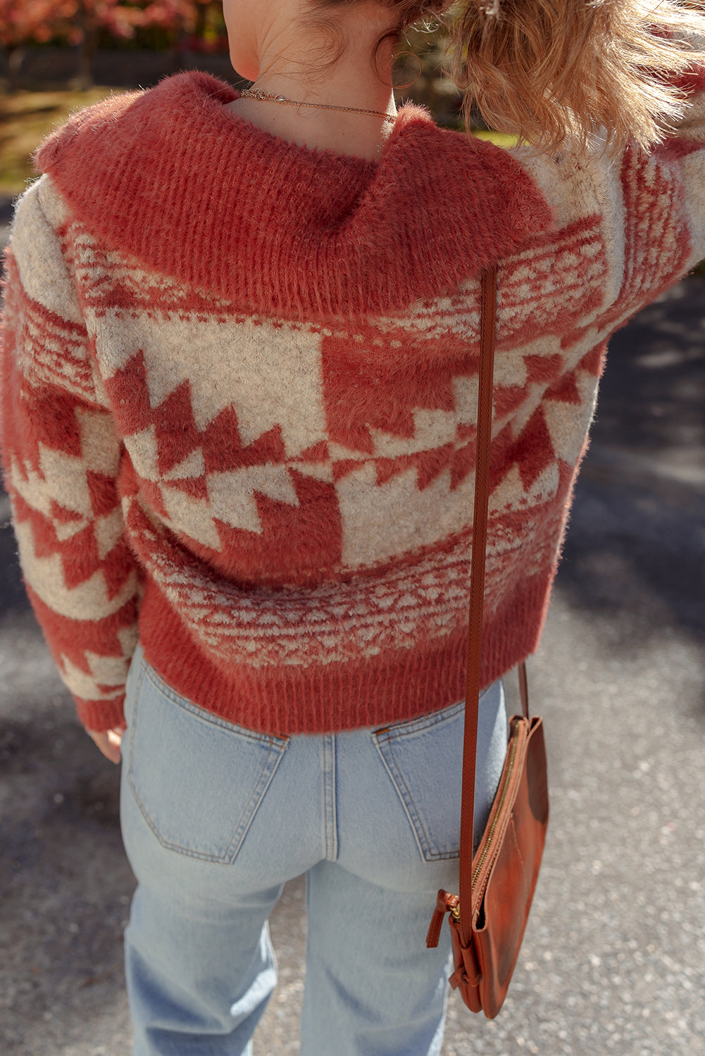 Mineral Red Western Geometric Pattern Zipped Collar Fuzzy Sweater