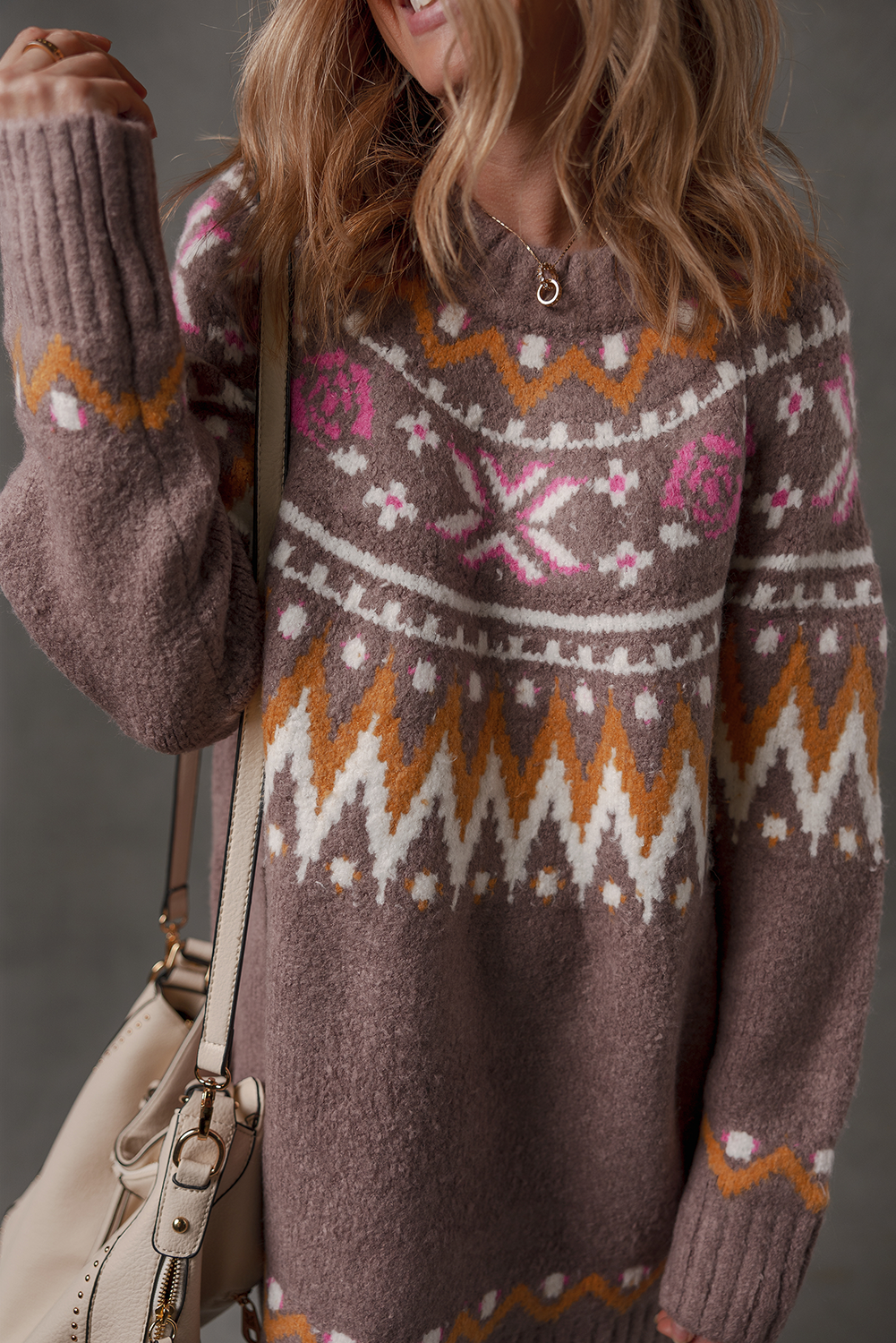 Brown Tribal Pattern Knitted Ribbed Edge Crew Neck Sweater Dress