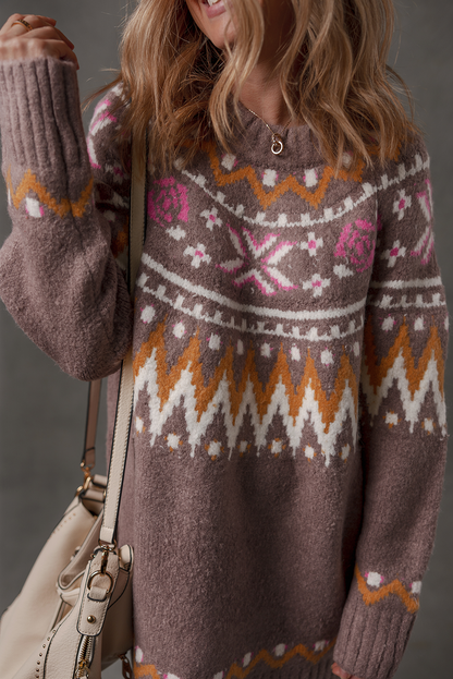 Brown Tribal Pattern Knitted Ribbed Edge Crew Neck Sweater Dress