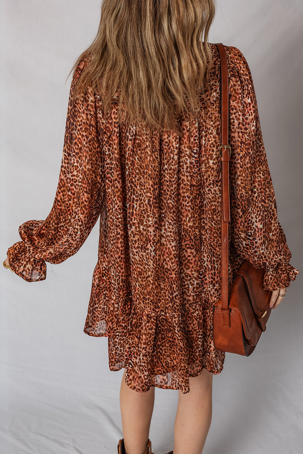 Brown Leopard Print Tie Neck Ruffled Long Sleeve Loose Fit Mini Dress