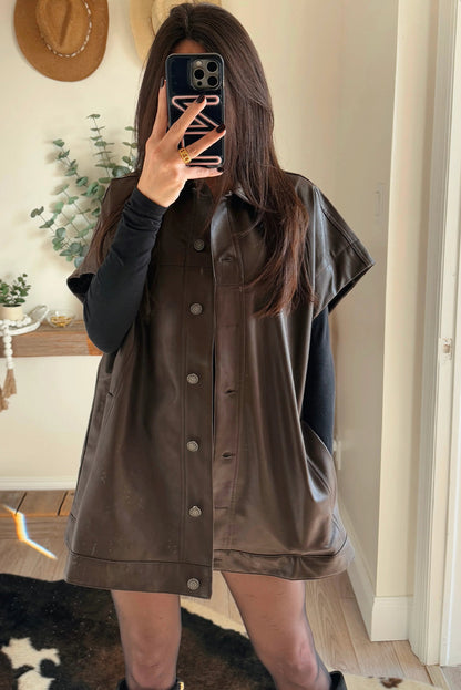 Chicory Coffee Faux Leather Short Sleeve Collared Button Front Jacket