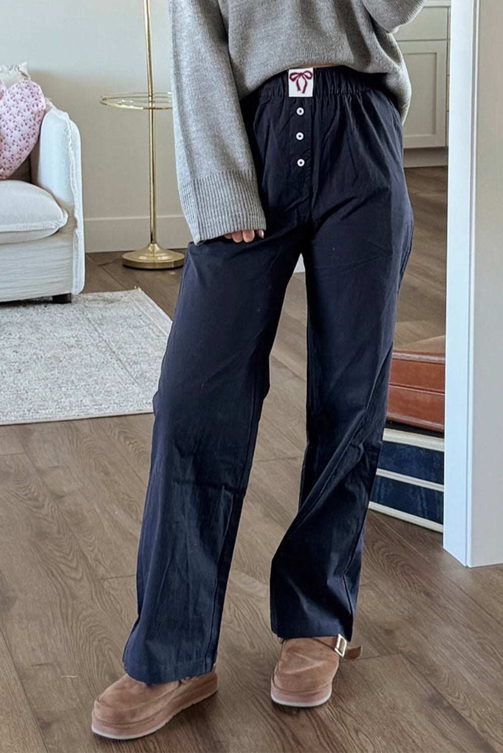 Black Bow Tab Elastic Waist Button Detail Loose Pants