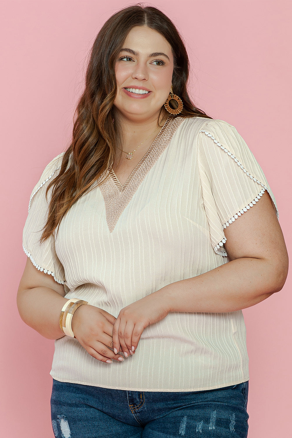 Elegant Beige Lace Detail Petal Sleeve Plus Size Blouse
