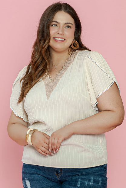 Elegant Beige Lace Detail Petal Sleeve Plus Size Blouse