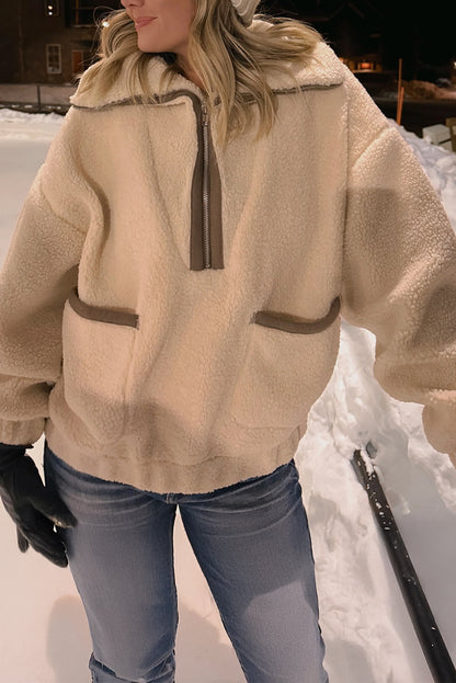 Beige Collar Half Zip Pocketed Fleece Sweatshirt