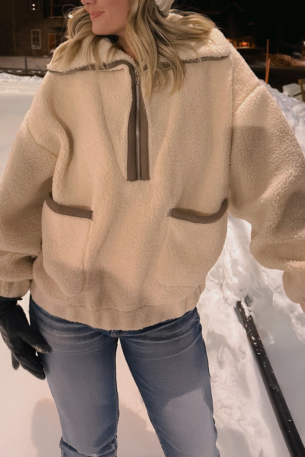 Beige Collar Half Zip Pocketed Fleece Sweatshirt