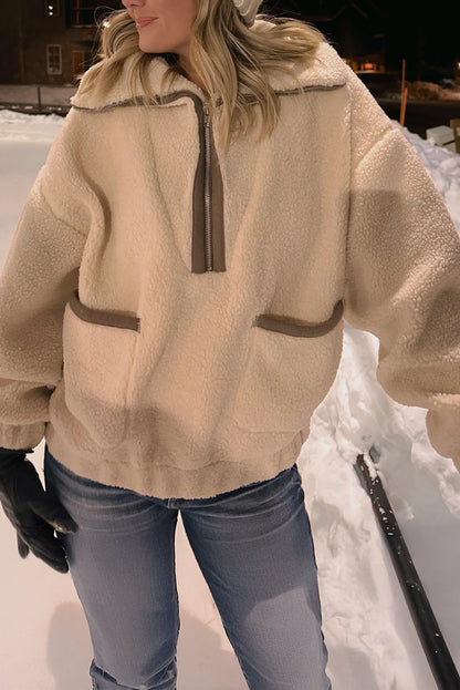 Beige Collar Half Zip Pocketed Fleece Sweatshirt