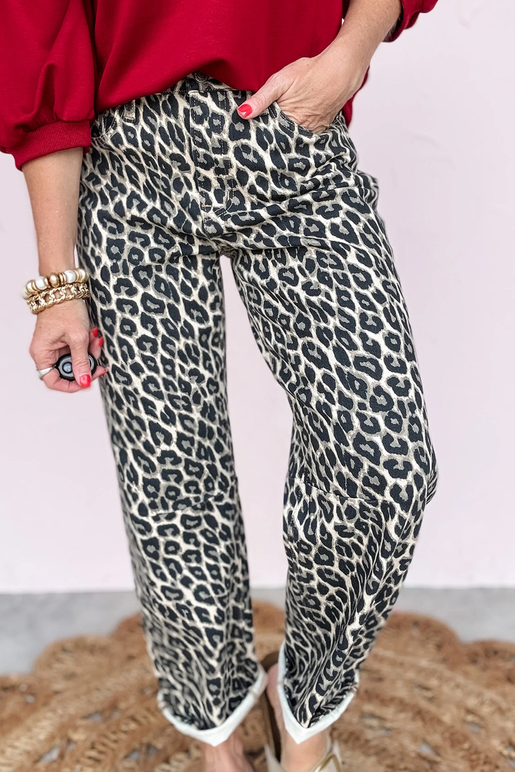Black Leopard Print Barrel Jeans
