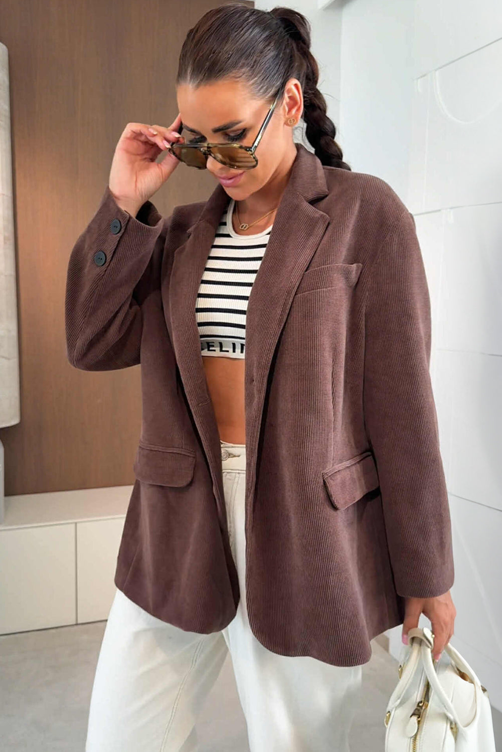 Dark Brown Solid Color Lapel Collar Winter Corduroy Blazer