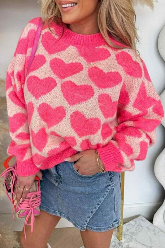 Strawberry Pink Heart Valentine Pattern Mock Neck Baggy Sweater