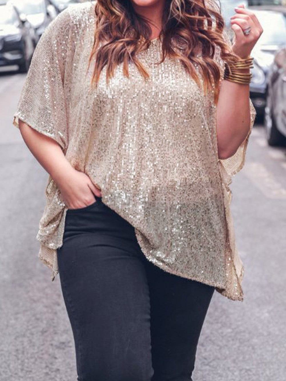 Apricot Plus Size Sequined V Neck Boxy Top