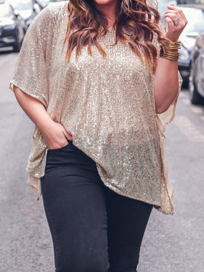 Apricot Plus Size Sequined V Neck Boxy Top