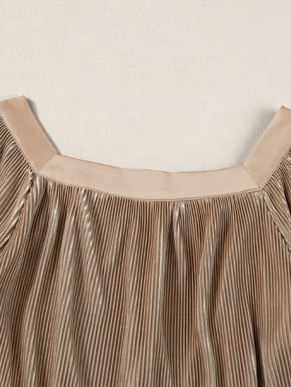 Elegant Taupe Pleated Puff Sleeve Square Neck Satin Blouse