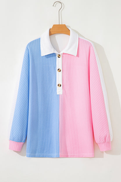 Multicolour Color Block Patchwork Waffle Knit Collar Button Neck Long Sleeve Top