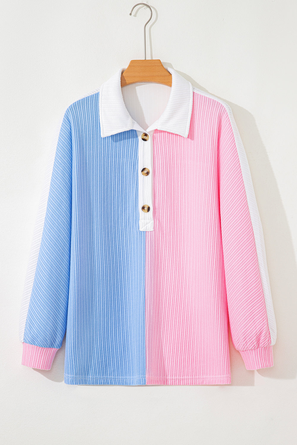 Multicolour Color Block Patchwork Waffle Knit Collar Button Neck Long Sleeve Top