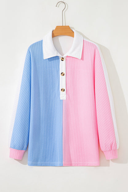 Multicolour Color Block Patchwork Waffle Knit Collar Button Neck Long Sleeve Top