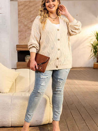 Elegant Apricot V-Neck Oversized Knit Cardigan with Button Detail