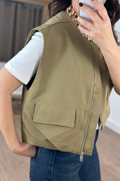 Guacamole Green Mock Pockets Zipped Front Cargo Style Casual Vest