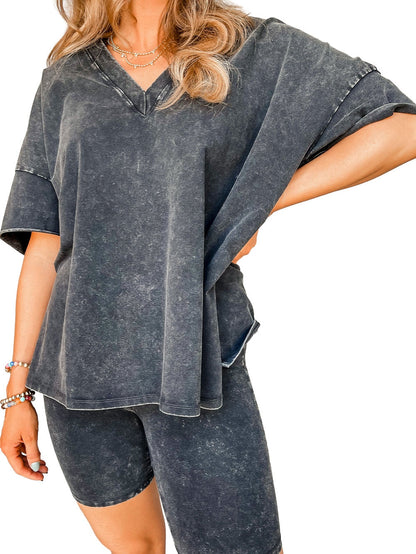 Black Acid Washed Loungewear Set with V-Neck T-Shirt and Skinny Shorts