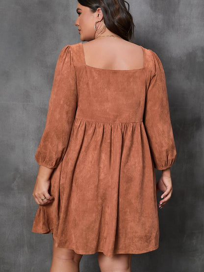 Chestnut Plus Size Suede Square Neck Balloon Sleeve Dress