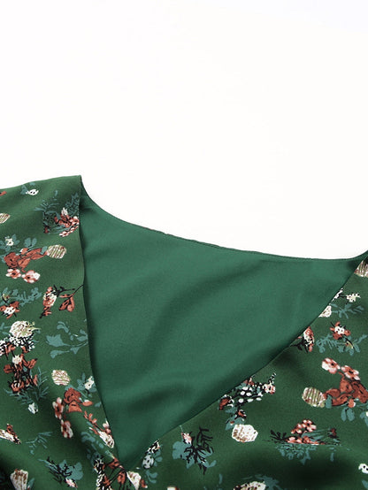 Green Ditsy Floral Peplum Blouse with V-Neck and Long Sleeves