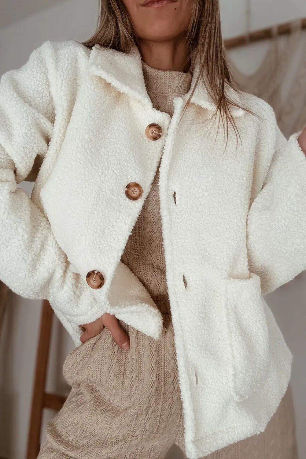 Beige Collar Button Down Cozy Sherpa Jacket