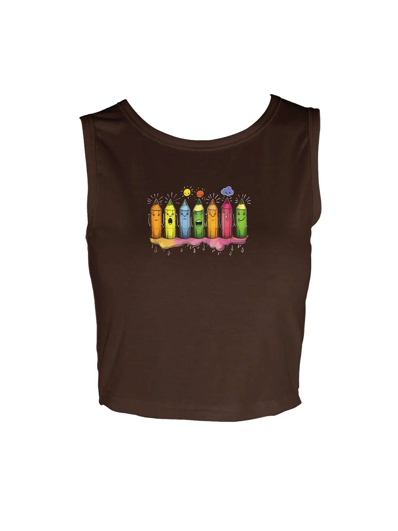 Fun and Playful Colorful Crayon Characters Graphic Print Crop Tank Top Sleeveless Casual Top For Summer & Spring Women's Cloth