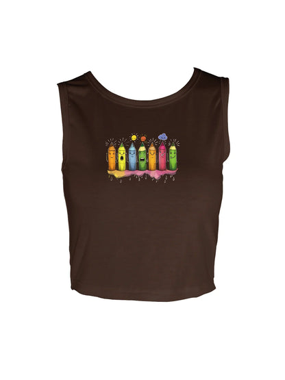 Fun and Playful Colorful Crayon Characters Graphic Print Crop Tank Top Sleeveless Casual Top For Summer & Spring Women's Cloth