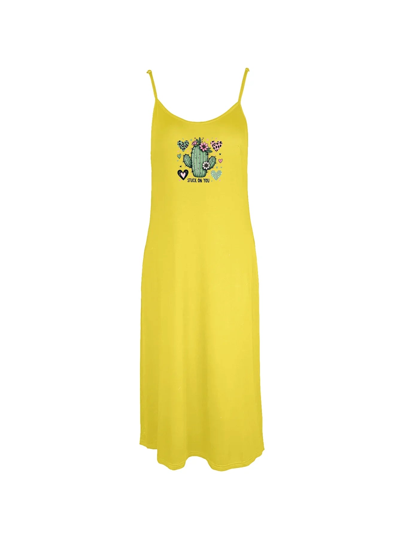 Adorable Cactus With Hearts And Flowers Print Spaghetti Strap Dress Casual Sleeveless Cami Dress Women's Clothing
