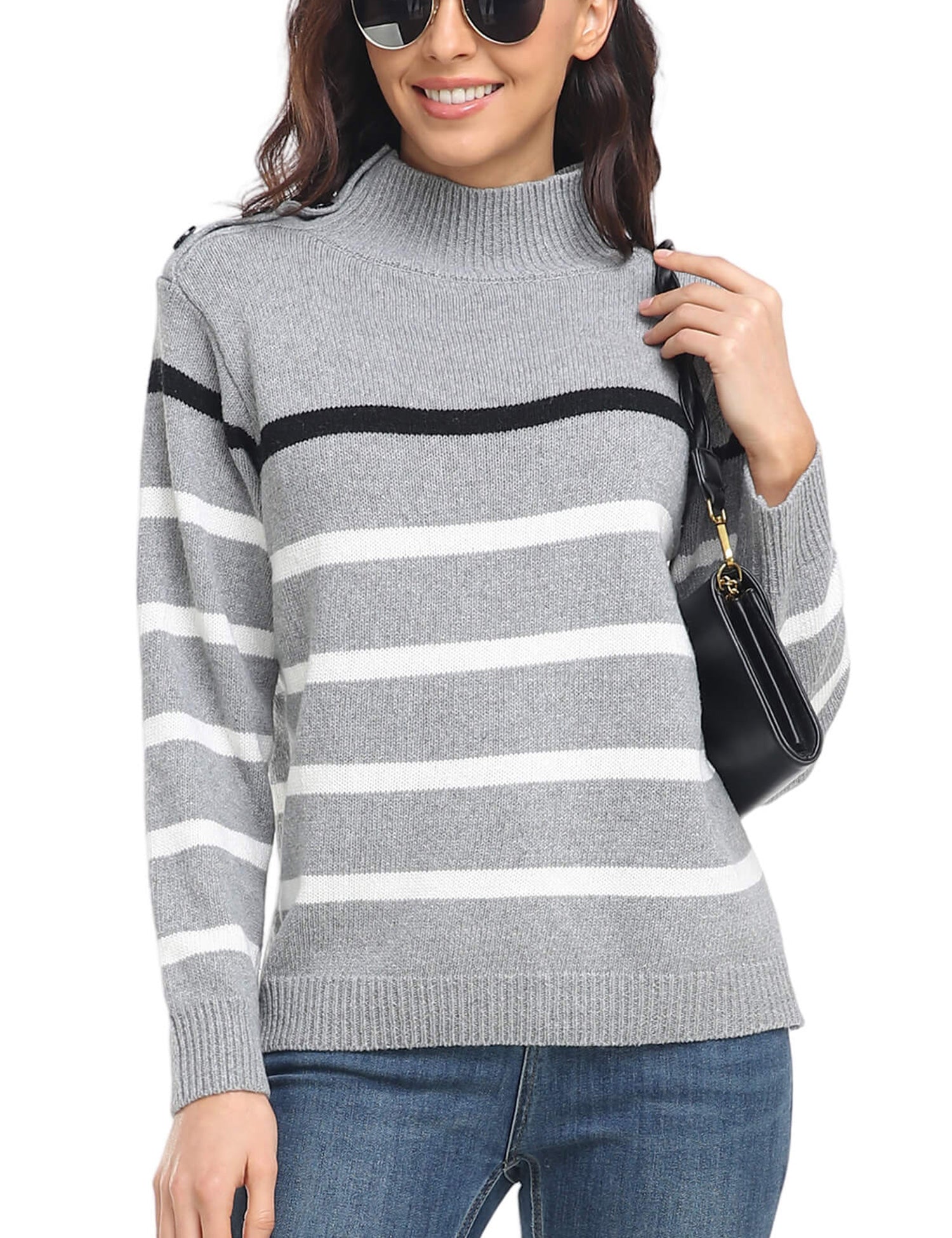 Sweaters - Striped High Neck Pullover Sweater - MsDressly