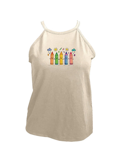 Fun and Playful Design Colorful Crayons Print Cami Top Sleeveless Casual Top For Summer & Spring Women's Clothing