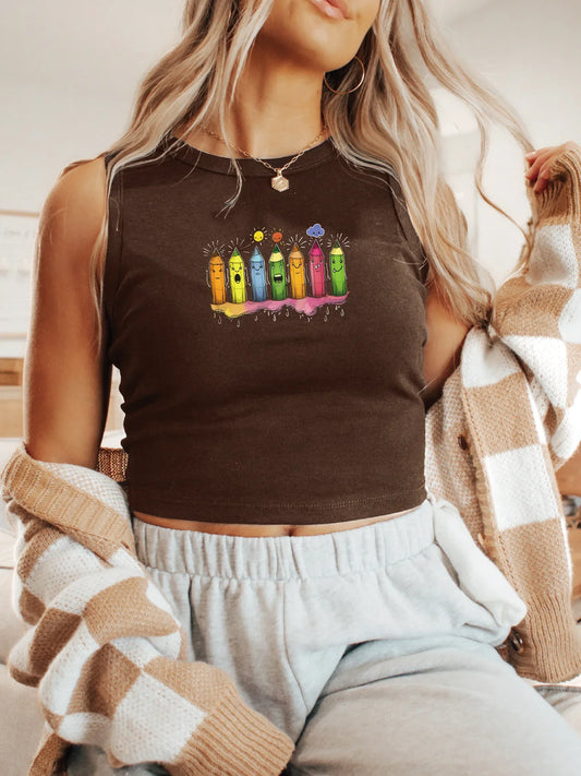 Fun and Playful Colorful Crayon Characters Graphic Print Crop Tank Top Sleeveless Casual Top For Summer & Spring Women's Cloth