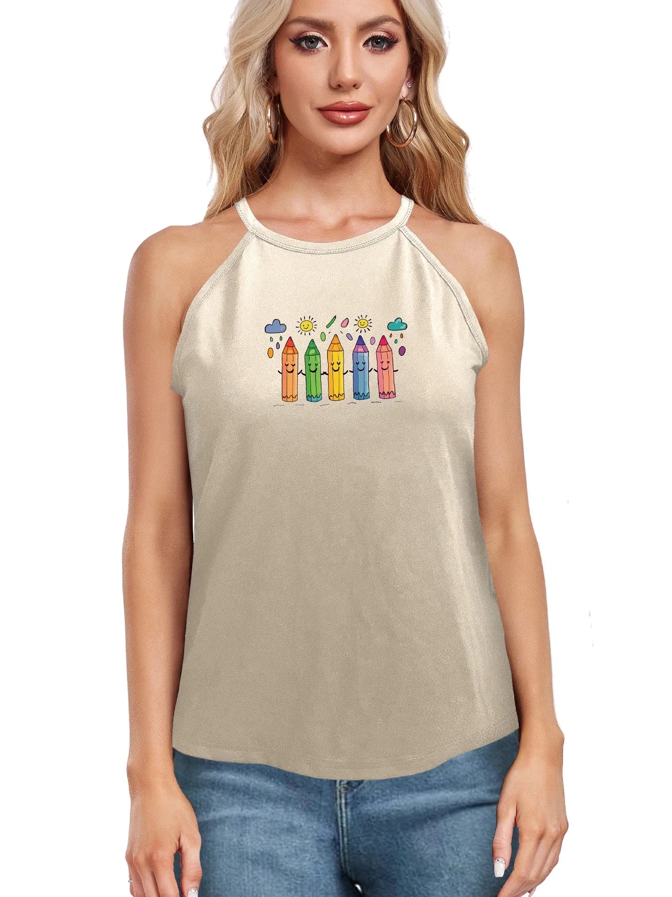 Fun and Playful Design Colorful Crayons Print Cami Top Sleeveless Casual Top For Summer & Spring Women's Clothing