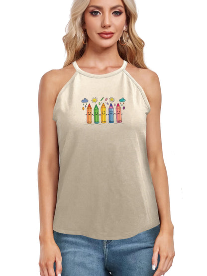 Fun and Playful Design Colorful Crayons Print Cami Top Sleeveless Casual Top For Summer & Spring Women's Clothing