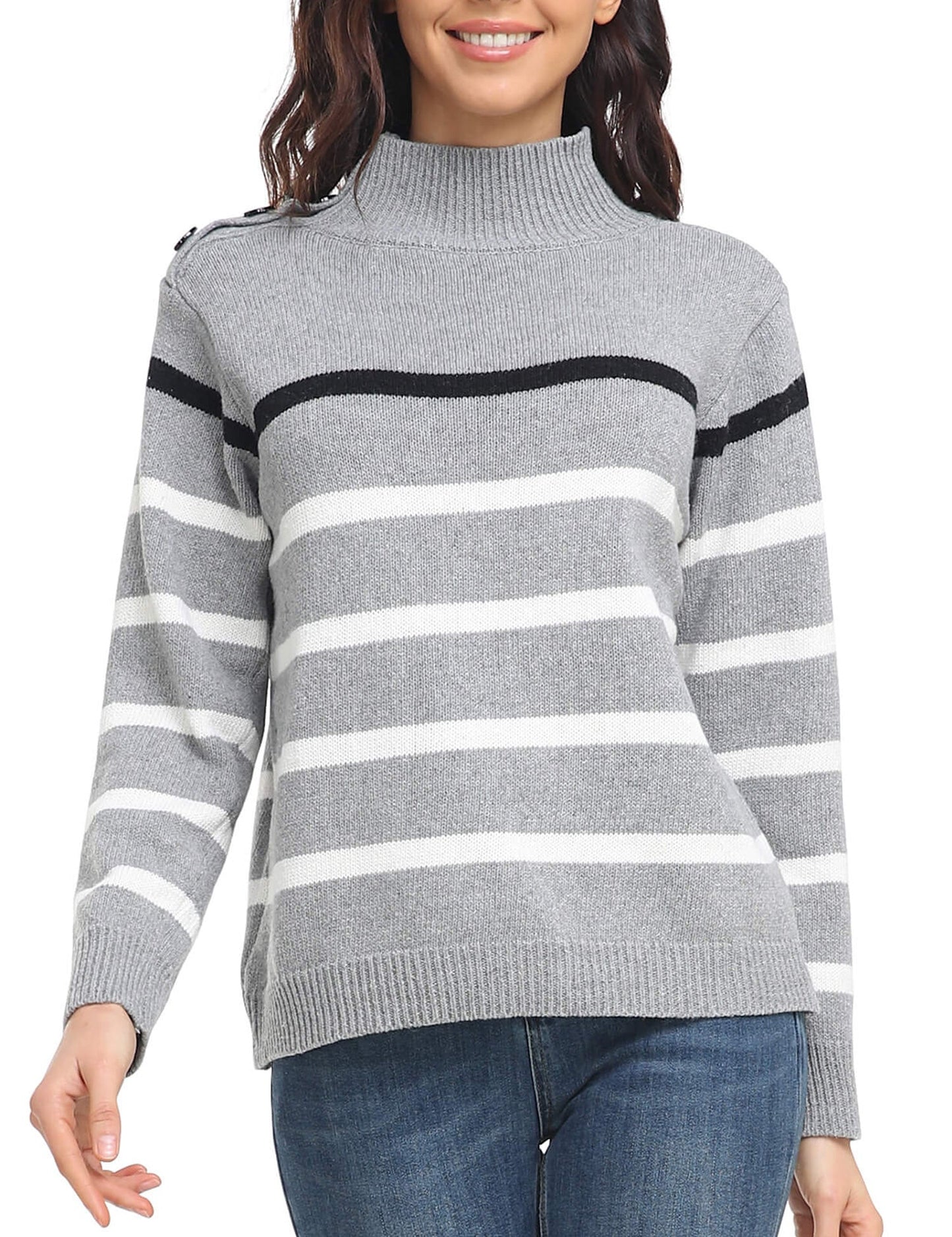 Sweaters - Striped High Neck Pullover Sweater - MsDressly