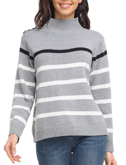 Sweaters - Striped High Neck Pullover Sweater - MsDressly