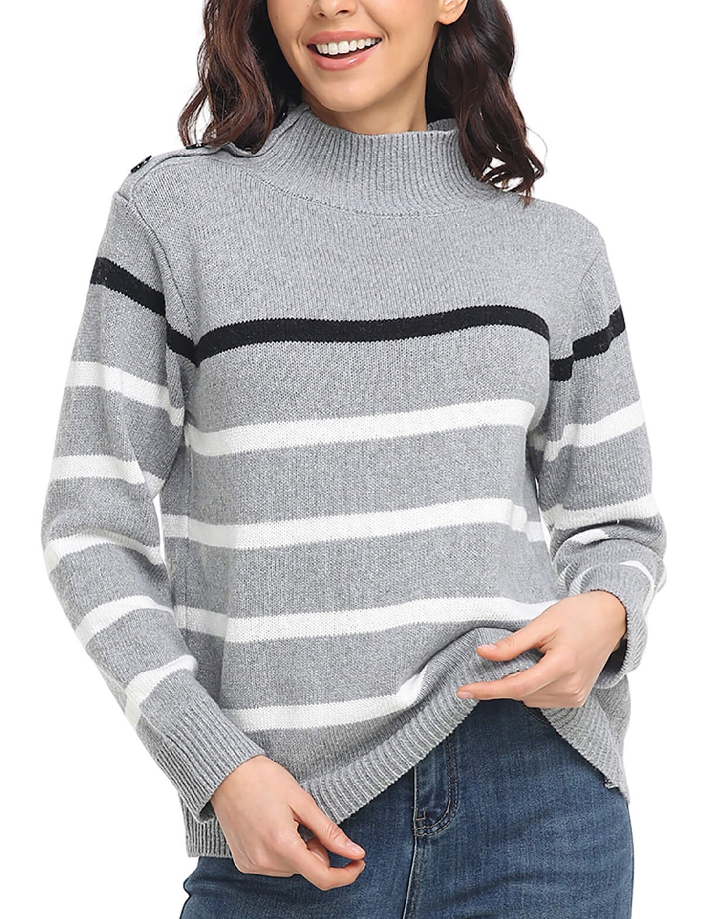 Sweaters - Striped High Neck Pullover Sweater - MsDressly