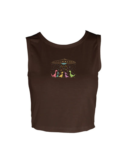 Fun and Whimsical UFO Dinosaur Carousel Graphic Print Crop Tank Top Sleeveless Casual Top For Summer & Spring Women's Clothing