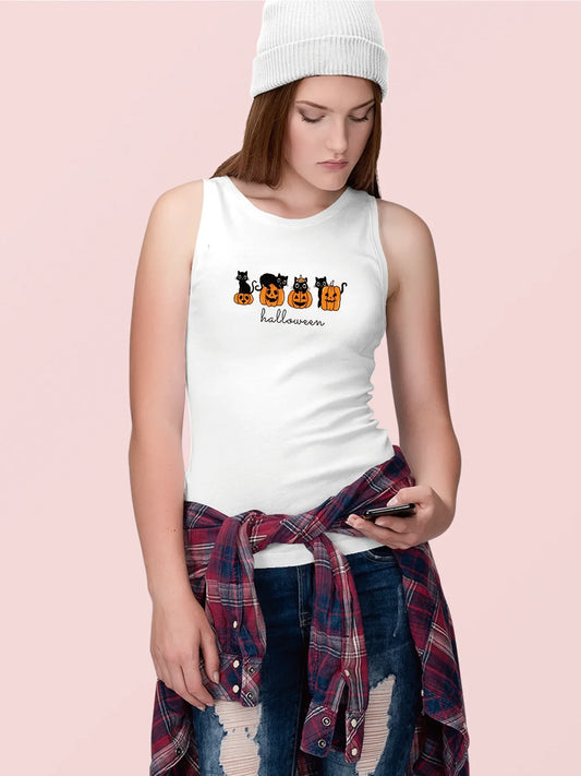 Halloween With Black Cats And Pumpkins Print Tank Top Sleeveless Casual Top For Summer & Spring Women's Clothing