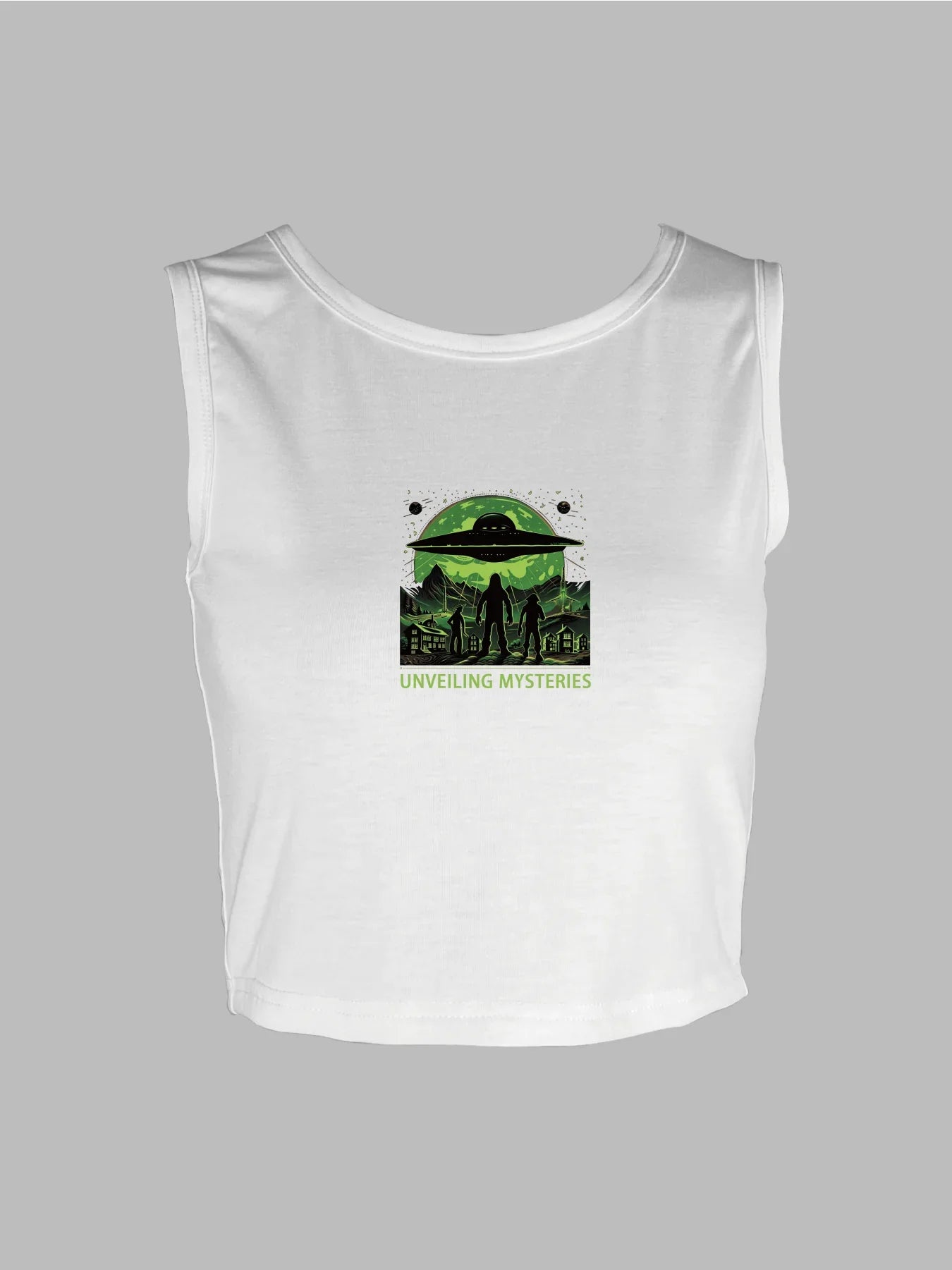Intriguing Ufo And Mysterious Figures Graphic Print Crop Tank Top, Sleeveless Casual Top For Summer & Spring, Women's Clothing