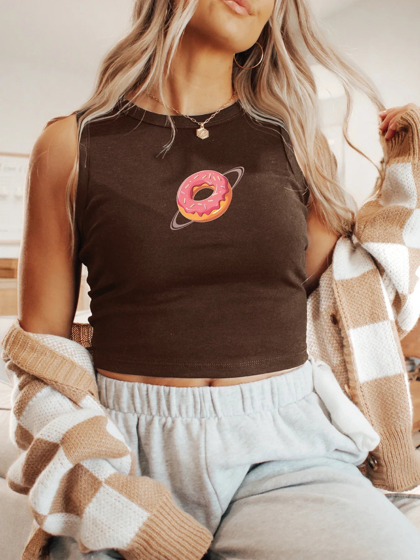 Fun and Quirky Space Galaxy Donut Graphic Print Crop Tank Top Sleeveless Casual Top For Summer & Spring Women's Clothing