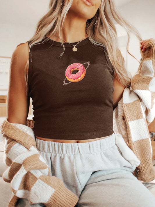 Fun and Quirky Space Galaxy Donut Graphic Print Crop Tank Top Sleeveless Casual Top For Summer & Spring Women's Clothing
