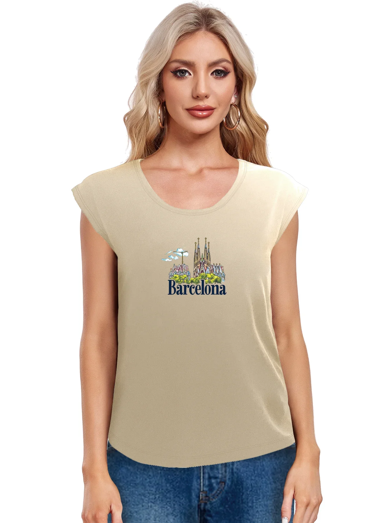 Barcelona Skyline Graphic With Bold Barcelona Print Tank Top Sleeveless Casual Top For Summer & Spring Women's Clothing