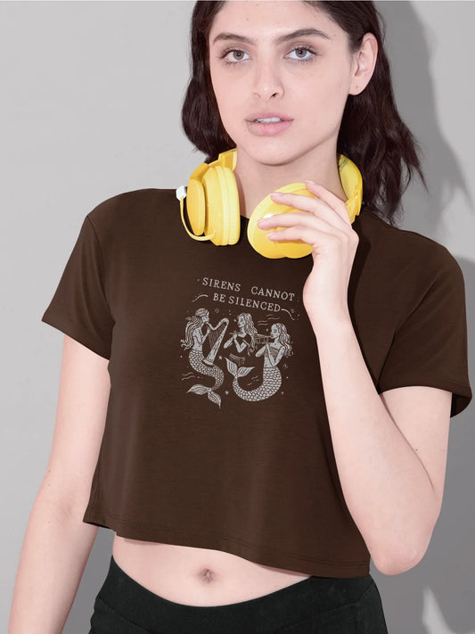 Enchanting Sirens Graphic Print Crew Neck Crop T-Shirts Casual Short Sleeve Top For Spring & Summer Women's Clothing