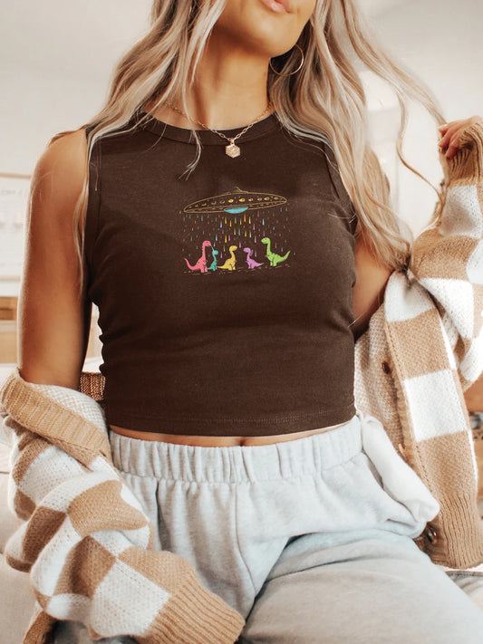 Fun and Whimsical UFO Dinosaur Carousel Graphic Print Crop Tank Top Sleeveless Casual Top For Summer & Spring Women's Clothing