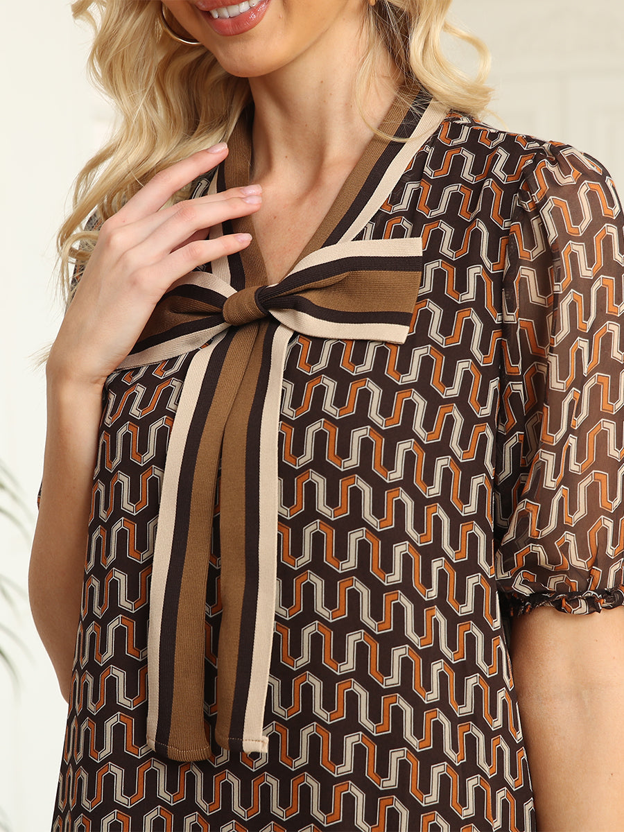 Mini Dresses - Plus Size V-Neck Bowknot Printed Elegant Mini Dress - MsDressly