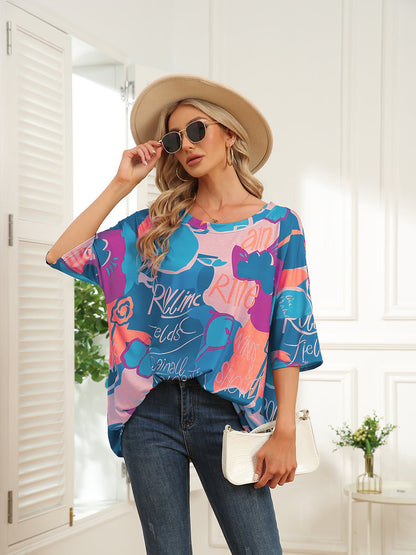 T-Shirts - Round Neck Map Print Short Sleeve T-Shirt - MsDressly